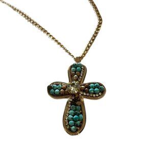 Turquoise Beaded Cross Pendant Necklace – Gold Tone